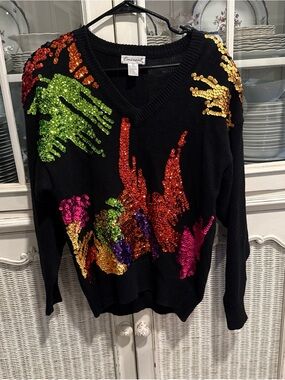 Eminent Sequin Sweater Women Large Black  Shiny Multicolor Sequins Vintage 80’s